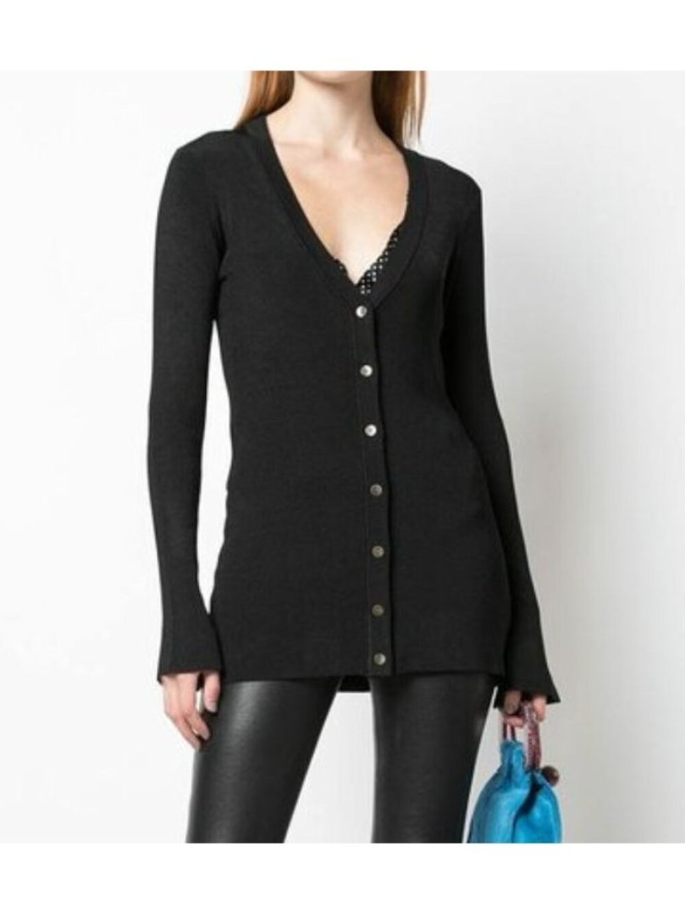 L'AGENCE Lucas Black Ribbed Long Button Front Cardigan Size Small